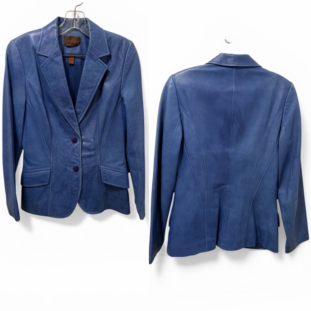 Danier Blue Supple Leather Slim Fit Blazer Jacket XS